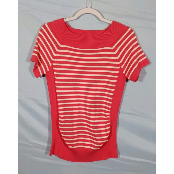 89th & Madison Women's Medium Pink and White Striped Short Sleeve Sweater Rayon - Picture 1 of 8